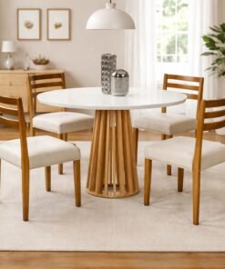 Mesa Berlim 100 Cinamomo/Off White com 4 Cadeiras Turquia Mel/Linho Palha 311A – CEL MÓVEIS + HR MOVELARIA