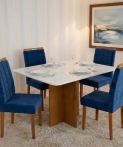 Mesa Salinas 120 (Tampo Londres c/vidro) Cinamomo/Off White com 4 Cadeiras Las Vegas Veludo Azul 24 – CEL MÓVEIS + OURO