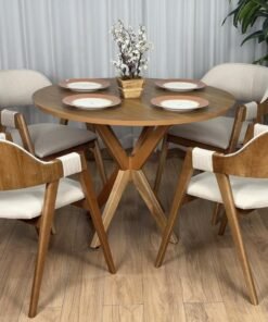 Mesa Redonda Simpatia 108 Cinamomo com 4 Cadeiras Pérola Linho Areia – JCM MOVELARIA + WJ DECOR