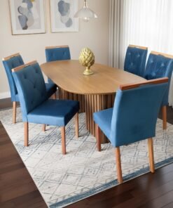 Mesa Isis 180 Freijó com 6 Cadeiras Yasmim Veludo Azul – LEIFER + KM DECOR