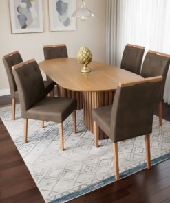Mesa Isis 180 Freijó com 6 Cadeiras Yasmim Veludo Marrom – LEIFER + KM DECOR