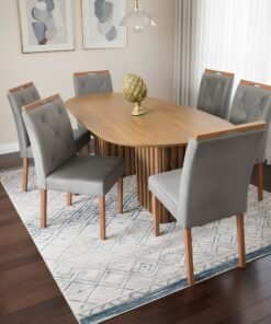 Mesa Isis 180 Freijó com 6 Cadeiras Yasmim Veludo Cinza Grafite – LEIFER + KM DECOR