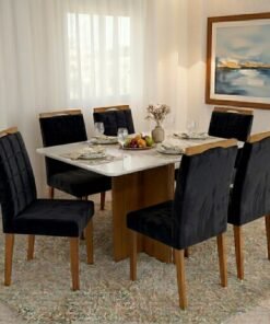 Mesa Salinas 160 (Tampo Londres c/vidro) Cinamomo/Off White com 6 Cadeiras Las Vegas Veludo Preto 13 – CEL MÓVEIS + OURO DECOR