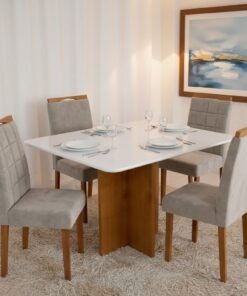 Mesa Salinas 120 (Tampo Londres c/vidro) Cinamomo/Off White com 4 Cadeiras Las Vegas Veludo Bege 01 – CEL MÓVEIS + OURO