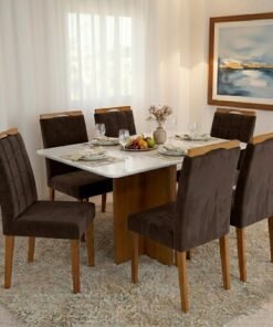 Mesa Salinas 160 (Tampo Londres c/vidro) Cinamomo/Off White com 6 Cadeiras Las Vegas Veludo Marrom 17 – CEL MÓVEIS + OURO DECOR