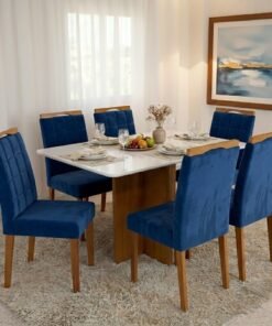 Mesa Salinas 160 (Tampo Londres c/vidro) Cinamomo/Off White com 6 Cadeiras Las Vegas Veludo Azul 24 – CEL MÓVEIS + OURO DECOR
