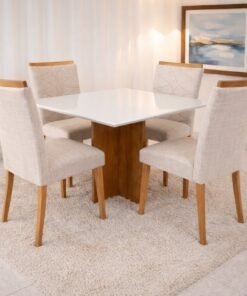Mesa Salinas/Helô/Los Angeles 90 Cinamomo/Off White com 4 Cadeiras Safira Linho Bege 200 – CEL MÓVEIS + WM DECOR
