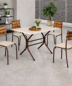 Mesa Atlanta Base Cabo Frio Marrom Tampo Off Pedra 100x60 4 Cadeiras Assento Creme - Teixeira
