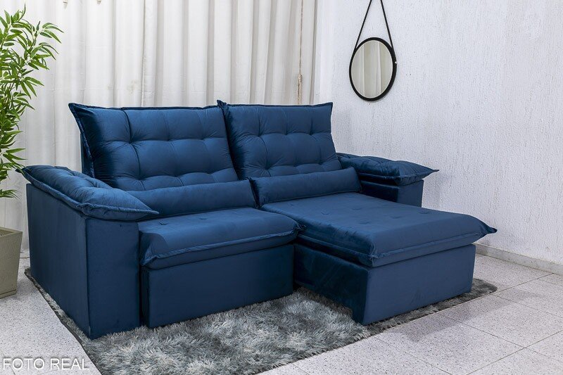 Sofá Retrátil Reclinável 2.30m Emanuelly Veludo Azul - D28 Soft - Imagem 2