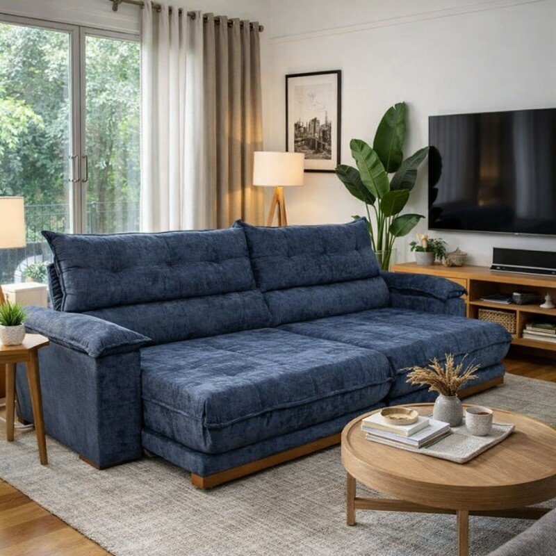 Sofá Retrátil Reclinável Itauna 2.90m Chenille Azul 575 D28 Soft - Molas Ensacadas