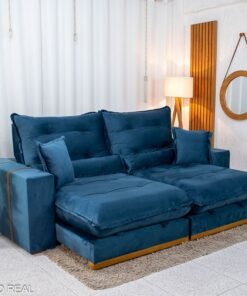 Sofá Retrátil Reclinável Mônaco 2.50m Veludo Azul A16 - Molas Ensacadas