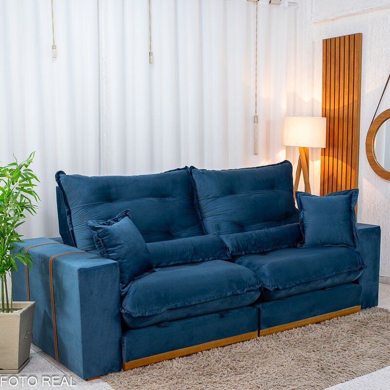 Sofá Retrátil Reclinável Mônaco 2.50m Veludo Azul A16 - Molas Ensacadas - Imagem 3