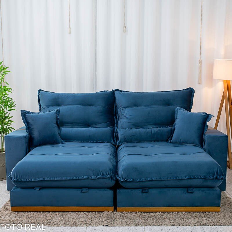 Sofá Retrátil Reclinável Mônaco 2.50m Veludo Azul A16 - Molas Ensacadas - Imagem 5