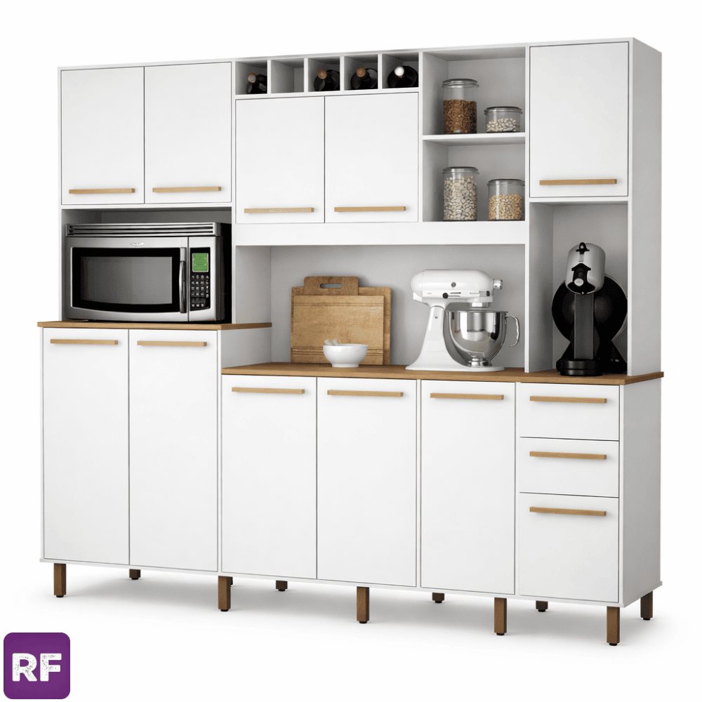 Armário Cozinha Petra Branco/Cinamomo 11 Portas 2 Gavetas Larg. 2.18m - Valdemoveis