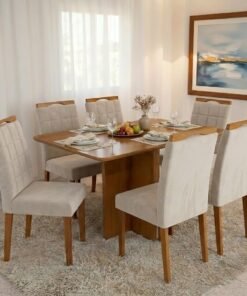 Mesa Salinas 160 (Tampo Londres s/ vidro) Cinamomo com 6 Cadeiras Las Vegas Veludo Bege 01 – CEL MÓVEIS + OURO DECOR