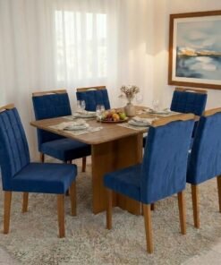Mesa Salinas 160 (Tampo Londres s/ vidro) Cinamomo com 6 Cadeiras Las Vegas Veludo Azul 24 – CEL MÓVEIS + OURO DECOR