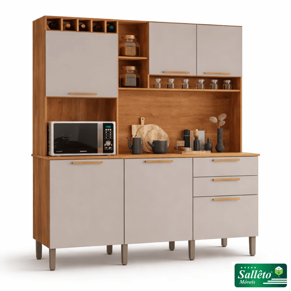 Armário Cozinha New Topázio Cinamomo/Off 6 Portas 2 Gavetas Larg. 1.65m - Sallêto