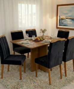 Mesa Salinas 160 (Tampo Londres s/ vidro) Cinamomo com 6 Cadeiras Las Vegas Veludo Preto 13 – CEL MÓVEIS + OURO DECOR