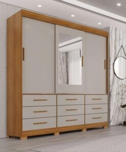 Guarda-Roupa Casal New Star 3 Portas 9 Gavetas Cinamomo/Off c/Espelho Larg. 1.80m Sallêto