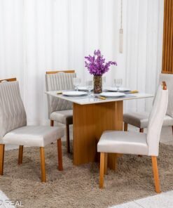 Mesa de Jantar Helo 90×90 Tampo MDF Vidro Off 4 Cad. Genova Veludo Bege 512 Madeira Maciça - Entregue Montada
