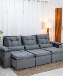 Sofá Retrátil Reclinável Grécia Veludo Cinza Larg. 2.70m - Sem Caixa