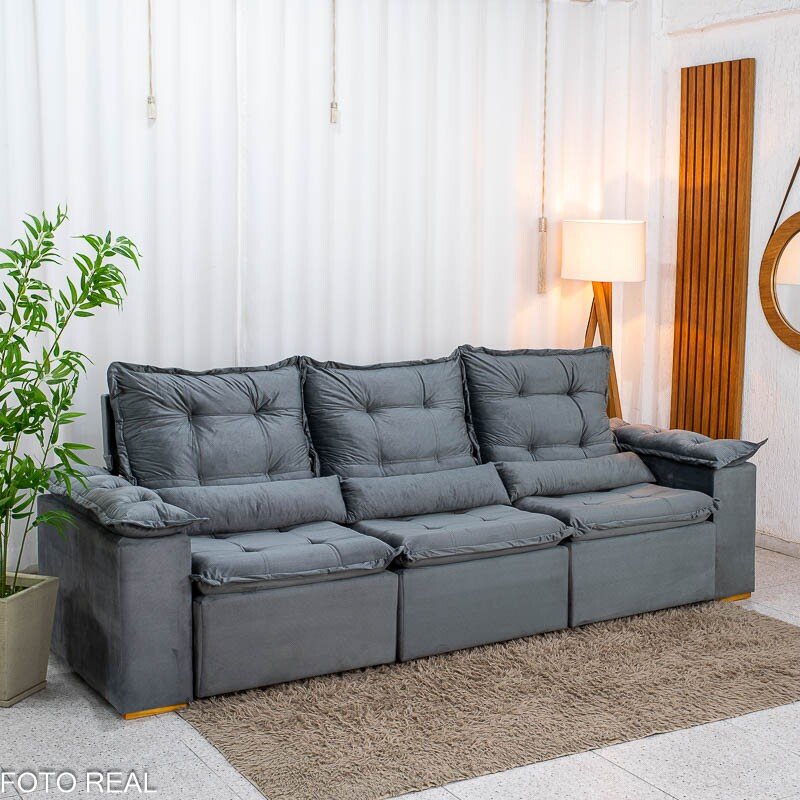 Sofá Retrátil Reclinável Grécia Veludo Cinza Larg. 2.70m - Sem Caixa - Imagem 3
