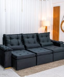 Sofá Retrátil Reclinável Grécia Veludo Preto Larg. 2.70m - Sem Caixa