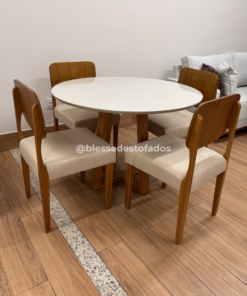 Mesa de Jantar Bali Circular 1.10×1.10 + 4 Cadeiras Barcelona  – Cinamomo/Bege Linho