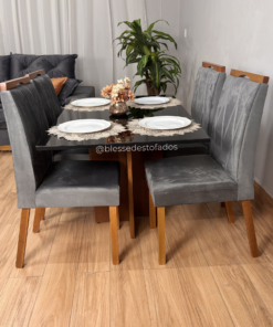 Mesa Los Angeles 120 Cinamono/Preto com 4 Cadeiras Isa Veludo Grafite – MINASPLAC + WM DECOR