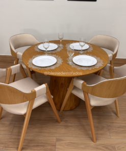 Mesa de Jantar Paris Circular 1.10×1.10 c/4 Cadeiras Pérola – Cinamomo Laminado/Bege linho