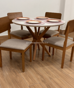 Mesa de Jantar Circular Simpatia 1.08×1.08 c/4 Cadeiras Ana – Cinamomo/Bege Linho