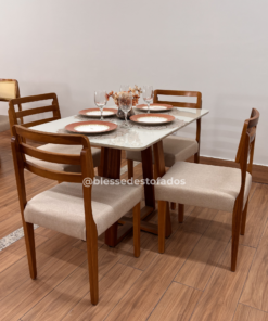 Mesa de Jantar Bali 1.20×0.80 + 4 Cadeiras Turquia – Cinamomo/Bege Linho