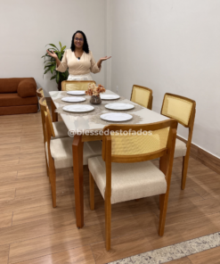 Mesa de Jantar Alegra c/Vidro 1.60×0.80 + 6 Cadeiras Fortaleza linho bege