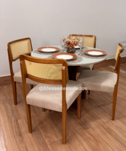 Mesa Redonda Celebrare 100x100 + 4 Cadeiras Fortaleza – Cinamomo/Bege Linho