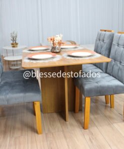 Mesa Salinas 120 (Tampo Londres s/ vidro) Cinamomo com 4 Cadeiras Londres Veludo Cinza Grafite – CEL MÓVEIS + WM DECOR