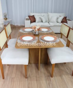 Mesa Salinas 120 (Tampo Londres s/ vidro) Cinamomo com 4 Cadeiras Grécia linho bege maciça