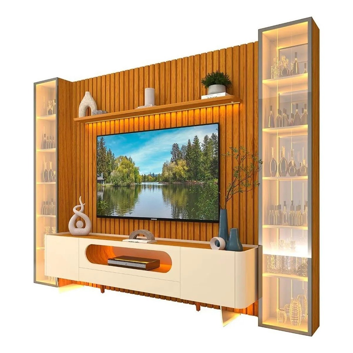 Painel até 85″ Nobre 230 Naturale + Rack Nobre 210 (Pés de Vidro) Off White/Naturale com Duas Torres Naturale – GELIUS (ESPECIAL) - Imagem 2