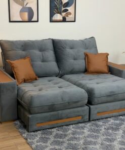 Sofá Retrátil e Reclinável Apollo Molas Ensacadas 2.30m – Cinza Veludo /Courino Marrom