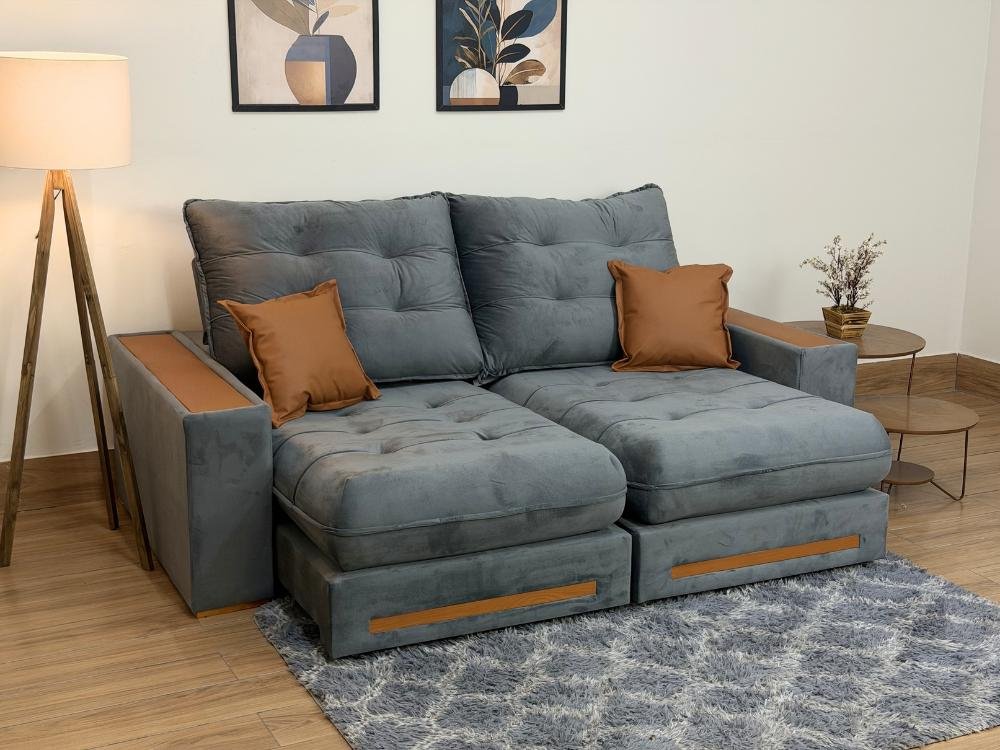Sofá Retrátil e Reclinável Apollo Molas Ensacadas 2.30m – Cinza Veludo /Courino Marrom