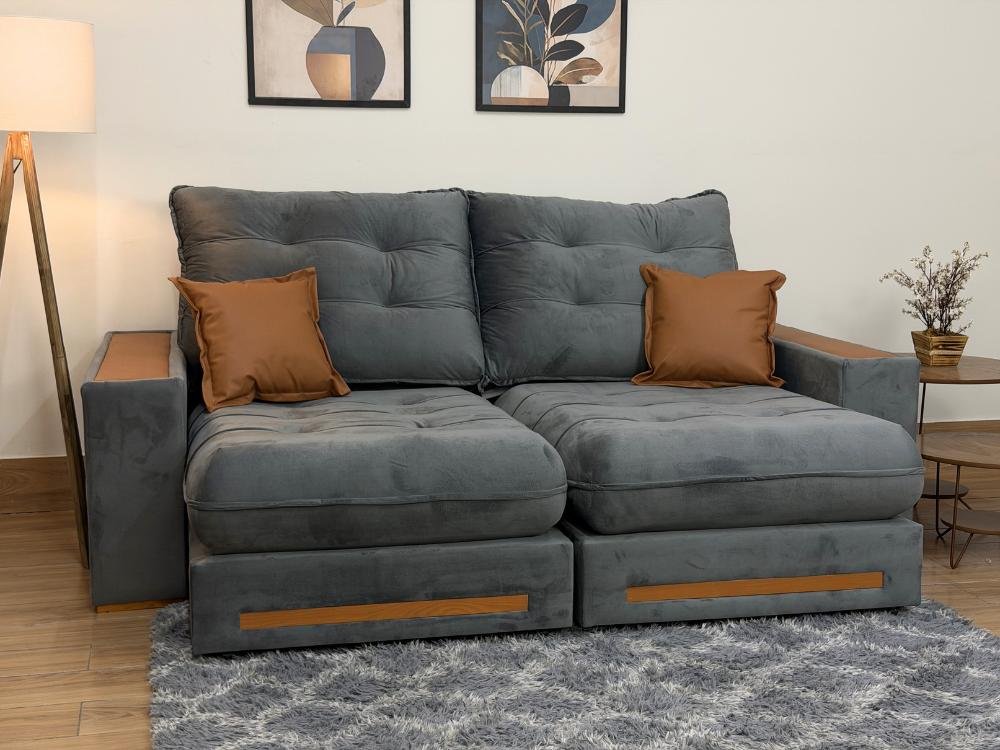 Sofá Retrátil e Reclinável Apollo Molas Ensacadas 2.30m – Cinza Veludo /Courino Marrom - Imagem 10