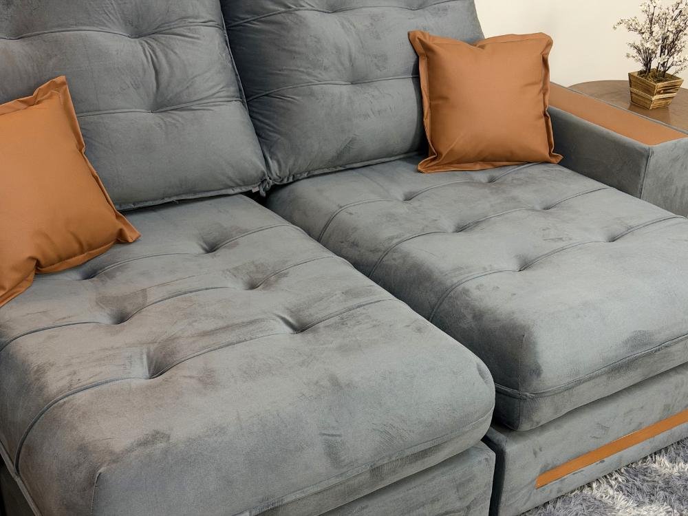 Sofá Retrátil e Reclinável Apollo Molas Ensacadas 2.30m – Cinza Veludo /Courino Marrom - Imagem 8