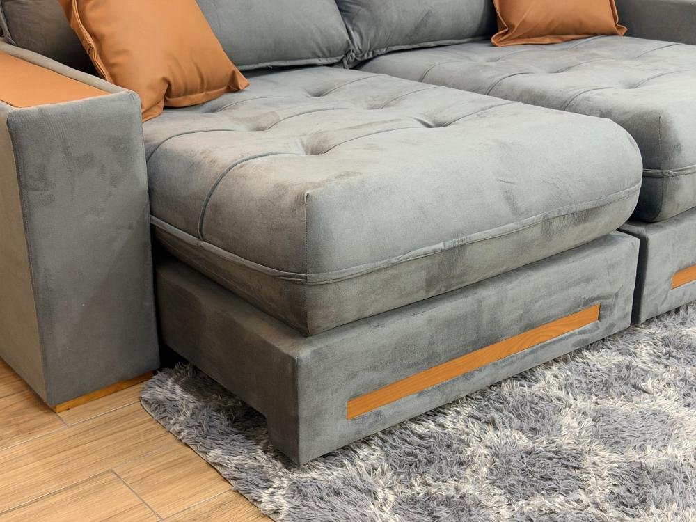 Sofá Retrátil e Reclinável Apollo Molas Ensacadas 2.30m – Cinza Veludo /Courino Marrom - Imagem 6