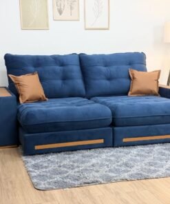 Sofá Retrátil e Reclinável Apollo Molas Ensacadas 2.50m – Azul Veludo /Courino Marrom