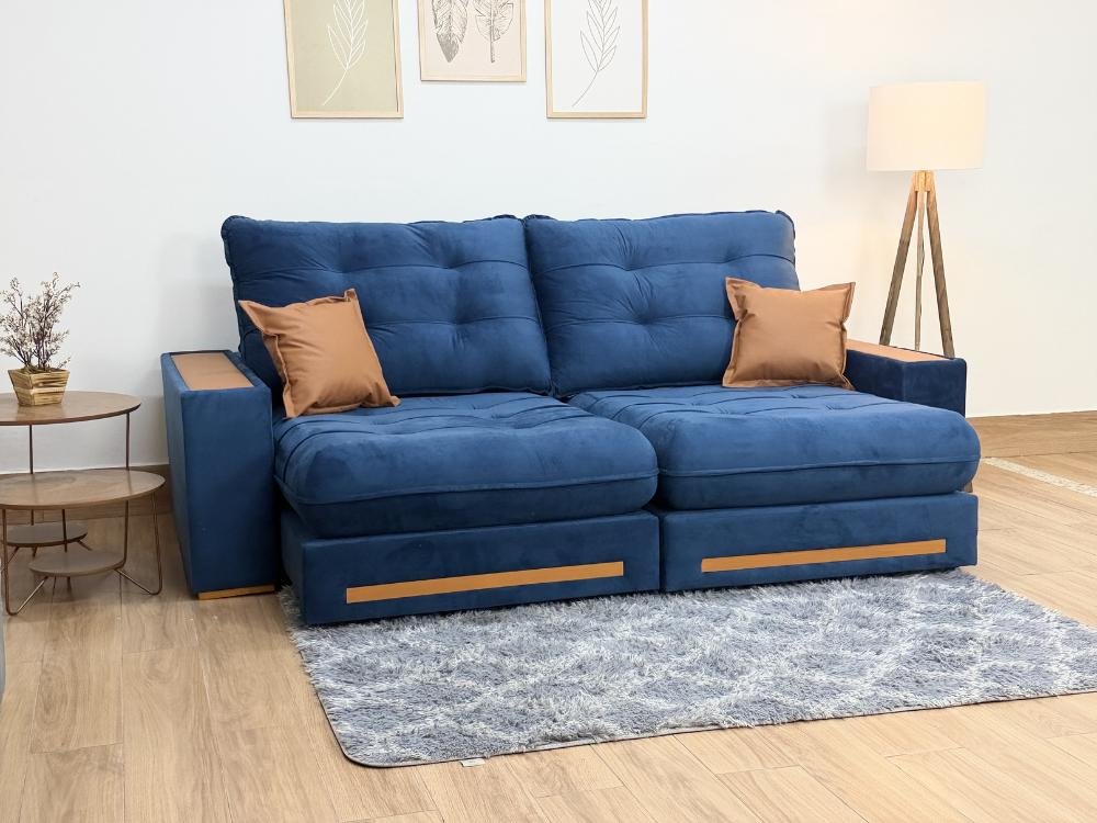 Sofá Retrátil e Reclinável Apollo Molas Ensacadas 2.50m – Azul Veludo /Courino Marrom