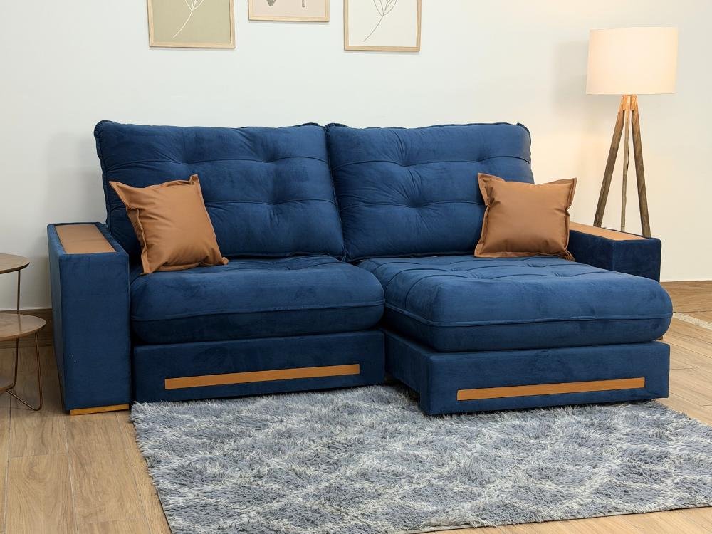 Sofá Retrátil e Reclinável Apollo Molas Ensacadas 2.50m – Azul Veludo /Courino Marrom - Imagem 2