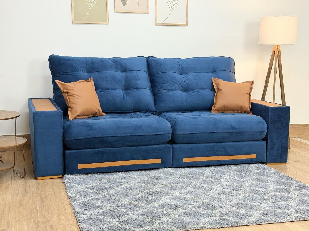 Sofá Retrátil e Reclinável Apollo Molas Ensacadas 2.50m – Azul Veludo /Courino Marrom - Imagem 3