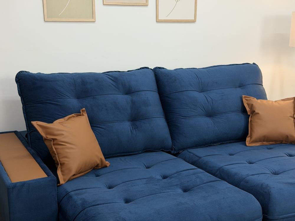 Sofá Retrátil e Reclinável Apollo Molas Ensacadas 2.50m – Azul Veludo /Courino Marrom - Imagem 4