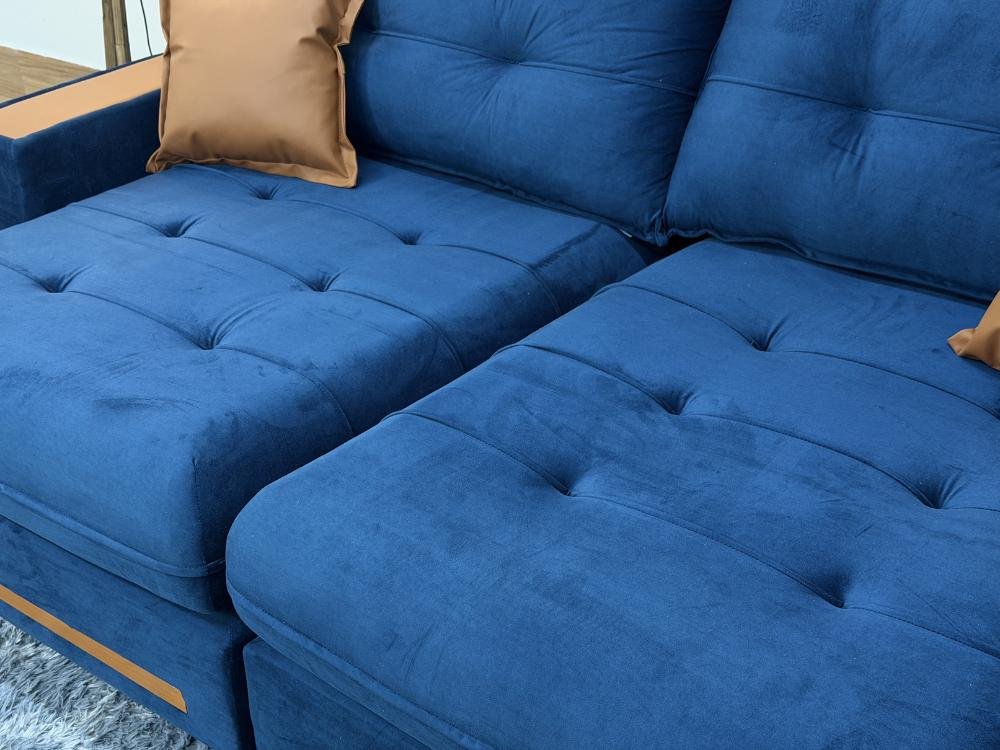Sofá Retrátil e Reclinável Apollo Molas Ensacadas 2.50m – Azul Veludo /Courino Marrom - Imagem 5