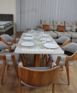 Mesa de Jantar Bali – Mel/Off White + 6 Cadeiras Pérola linho cinza – WJ Decor
