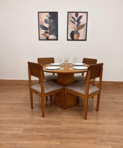 Mesa Cone 1.10×1.10 + 4 Cadeiras Ana linho bege – madeira maciça